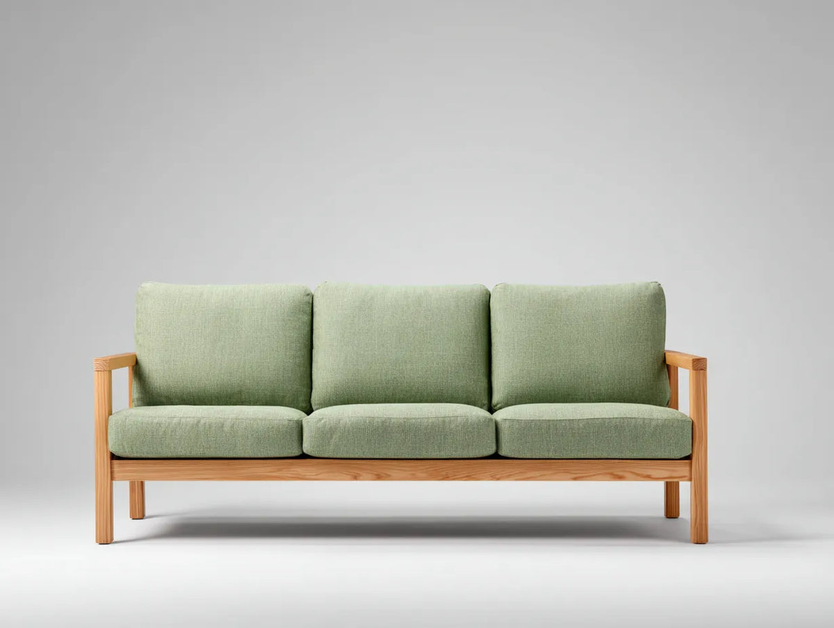 Sofá de 3 plazas de madera y tejido 208×84×81 cm - verde salvia y madera natural - diseño escandinavo para salón