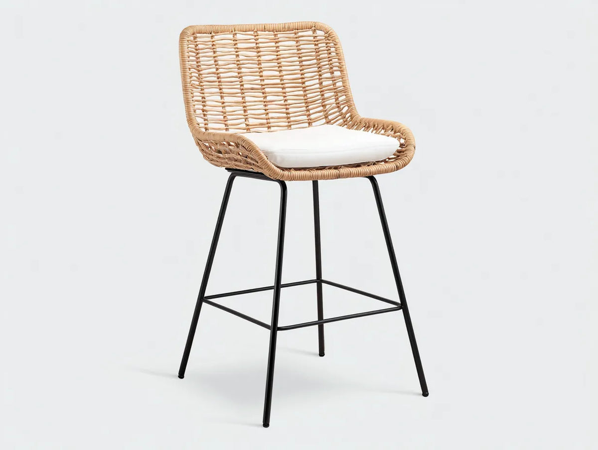 Taburete de bar para exteriores de ratán sintético y metal 54×57×104 cm - natural blanco y negro - asiento amplio para terraza