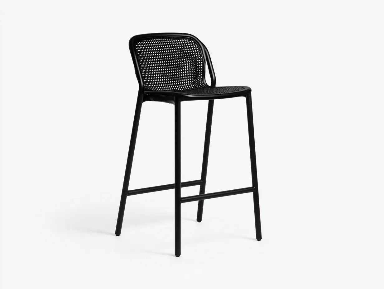 Taburete de bar para exteriores de metal y fibra sintética 47×51×103 cm - negro - respaldo trenzado para terraza