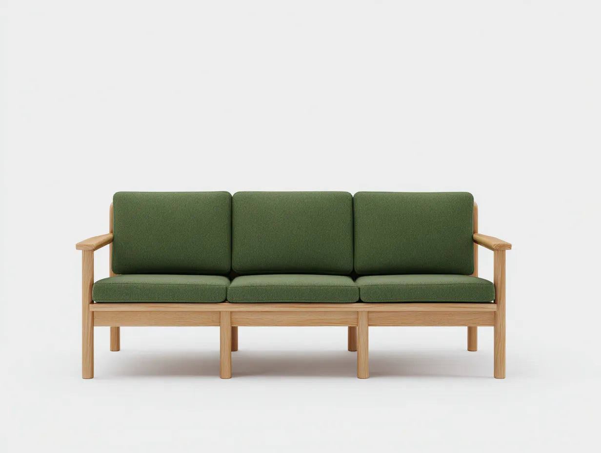 Sofá de 3 plazas de madera y tejido 210×83×80 cm - verde musgo y roble natural - estructura reforzada para salón
