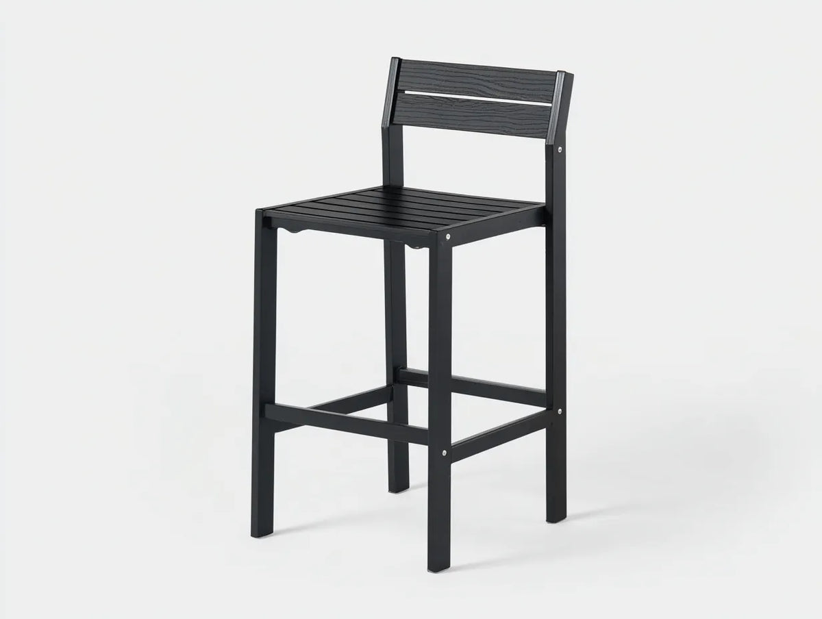 Taburete de bar para exteriores 44×48×103 cm - metal negro - asiento de lamas con respaldo compacto