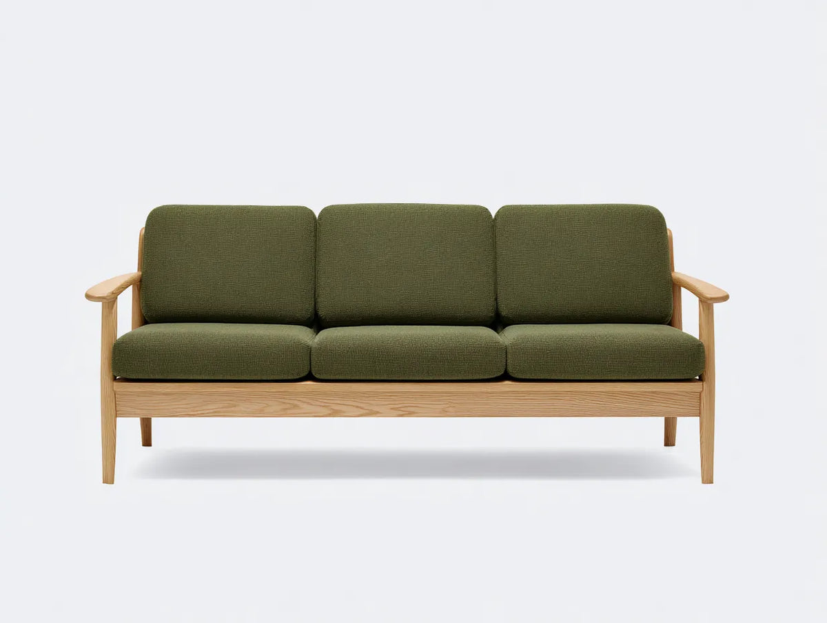 Sofá de 3 plazas de madera y tejido texturizado 214×86×82 cm - verde oliva y roble claro - respaldo redondeado para salón