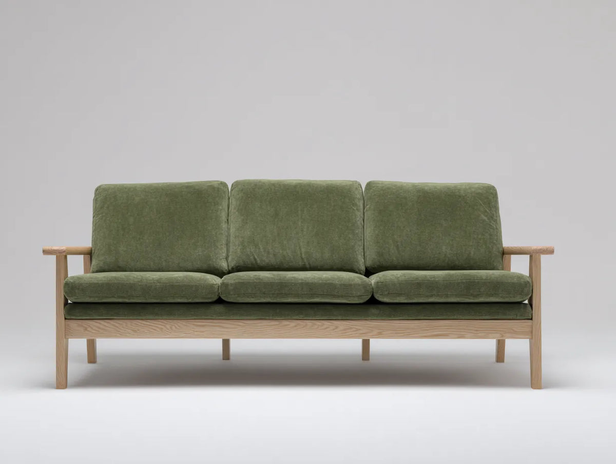 Sofá de 3 plazas de madera y tejido texturizado 218×86×79 cm - verde oliva y madera clara - estilo retro para salón