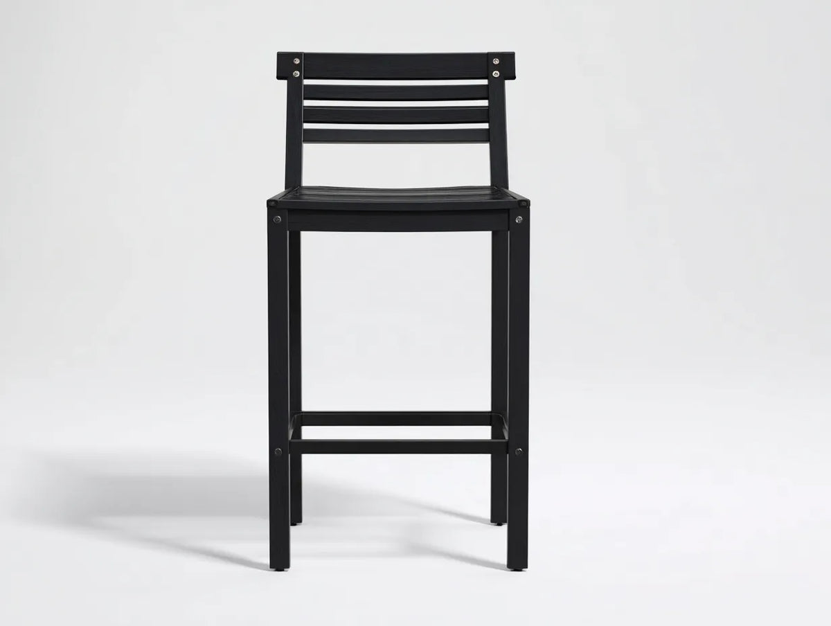 Taburete de bar para exteriores 46×49×105 cm - madera negra - respaldo de lamas para terraza