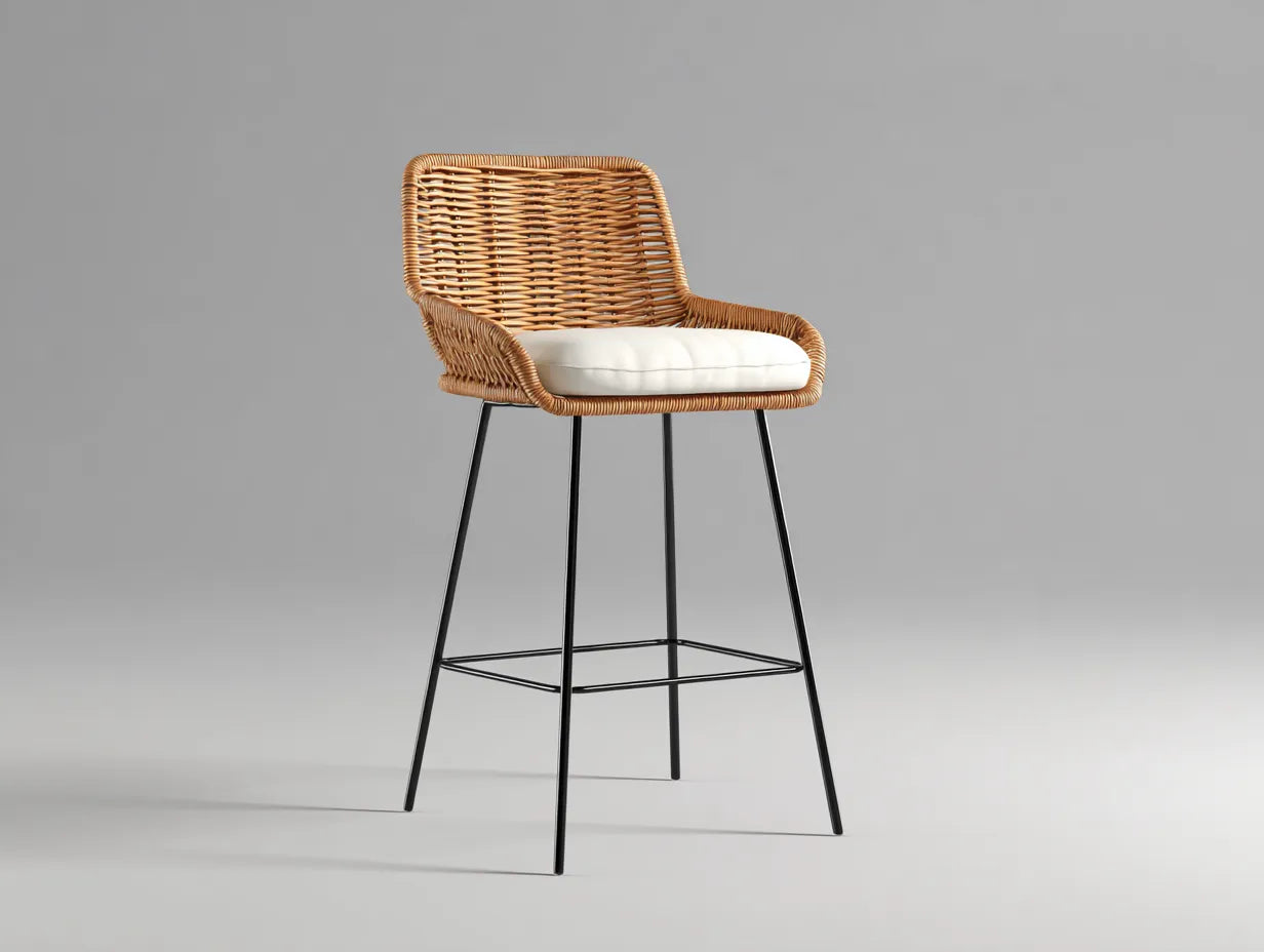Taburete de bar para exteriores 56×57×103 cm - ratán caramelo y metal negro - respaldo tejido