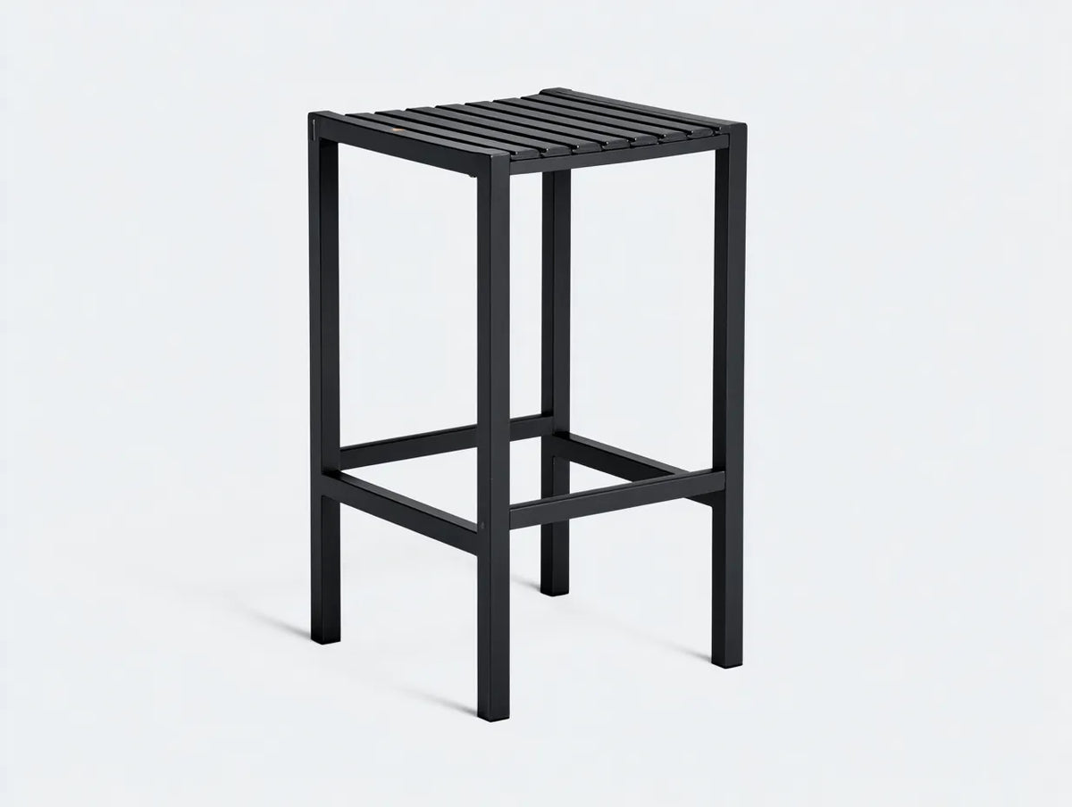 Taburete de bar para terraza 38×38×76 cm - metal negro - asiento de lamas minimalista