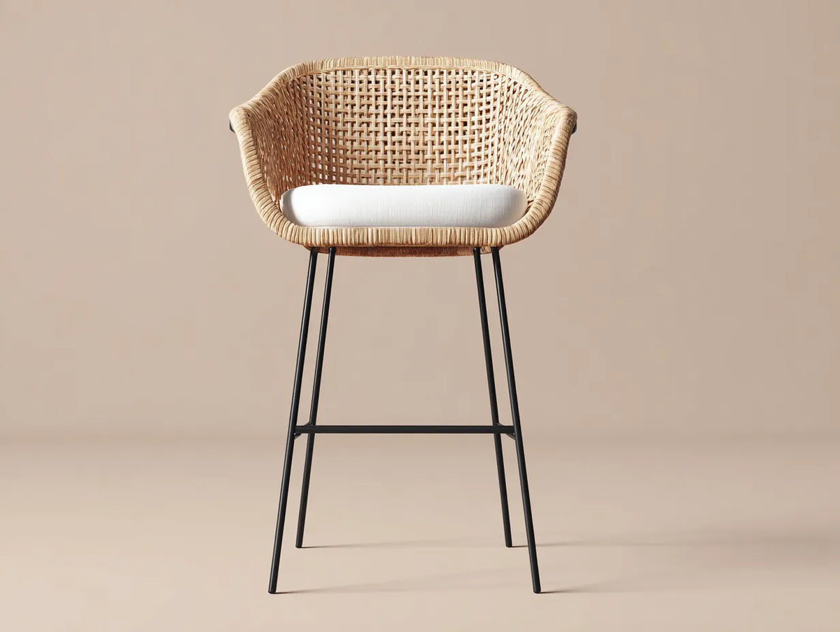Taburete de bar para exteriores 55×56×105 cm - ratán beige y metal negro - respaldo envolvente