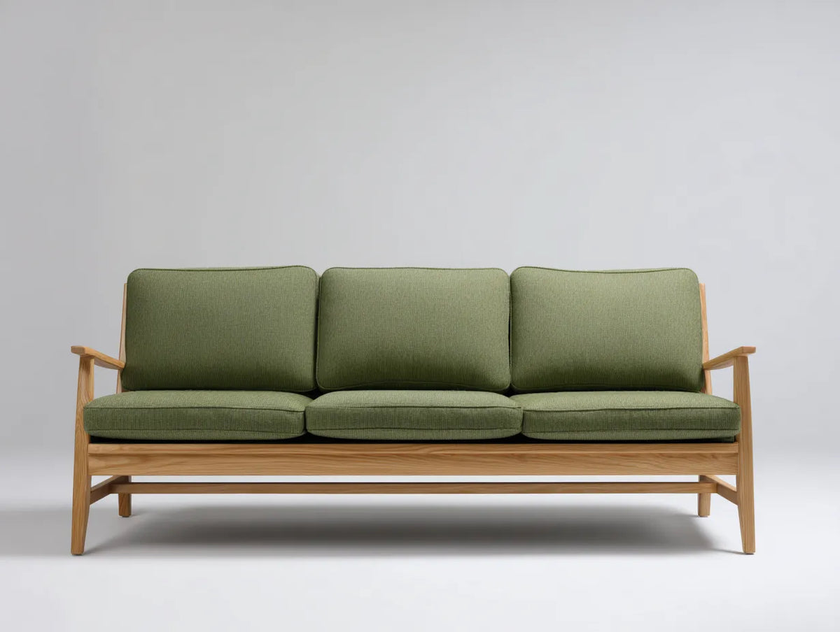 Sofá de 3 plazas tapizado 198×80×79 cm - verde oliva y madera clara - estilo nórdico