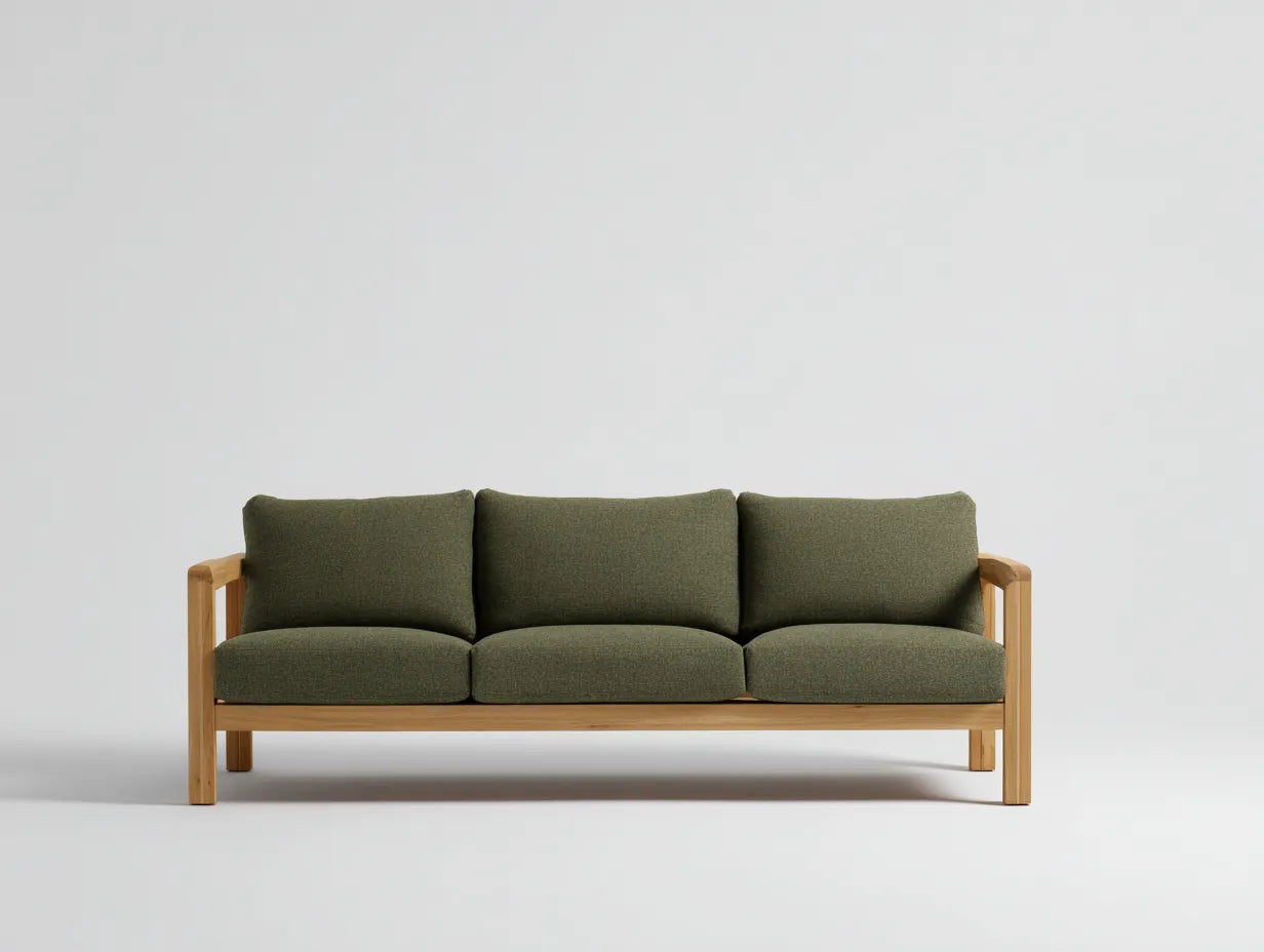 Sofá de 3 plazas tapizado 198×81×77 cm - verde musgo y madera clara - estilo nórdico
