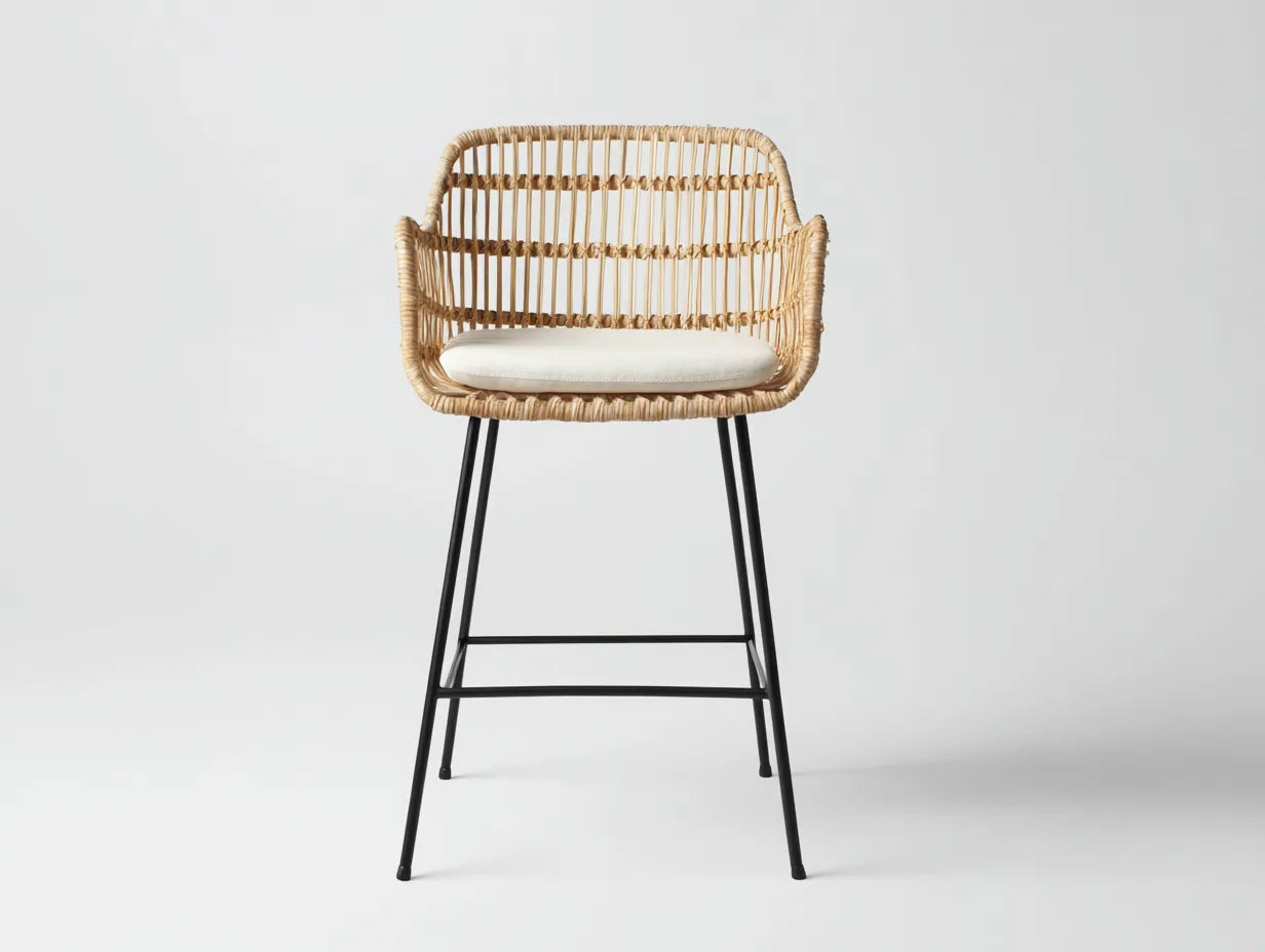 Taburete de bar para exteriores de ratán sintético y acero 55×57×108 cm - natural negro y blanco - asiento acolchado para terraza