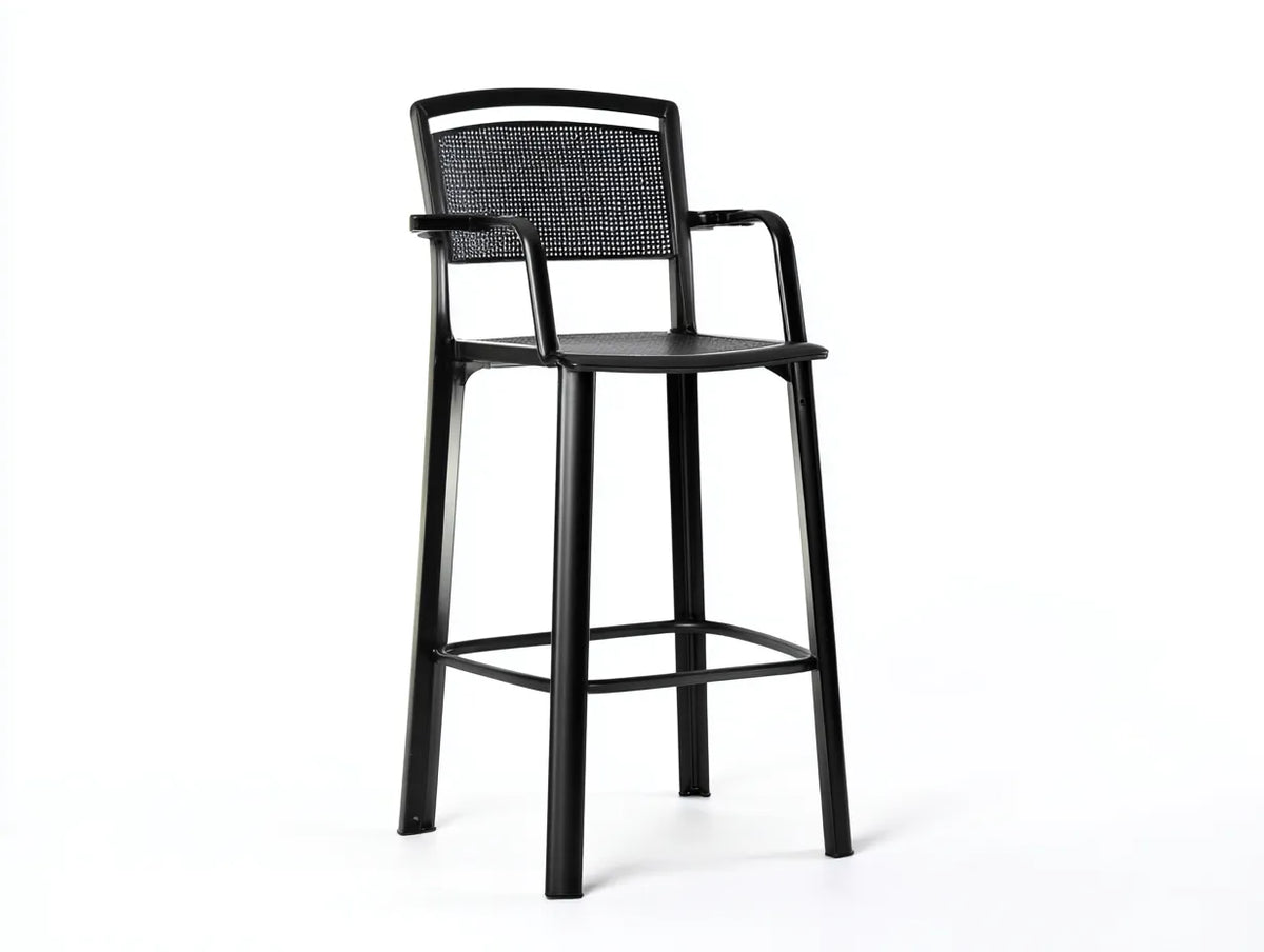Taburete de bar para exteriores 58×57×108 cm - metal negro - con reposabrazos y respaldo perforado