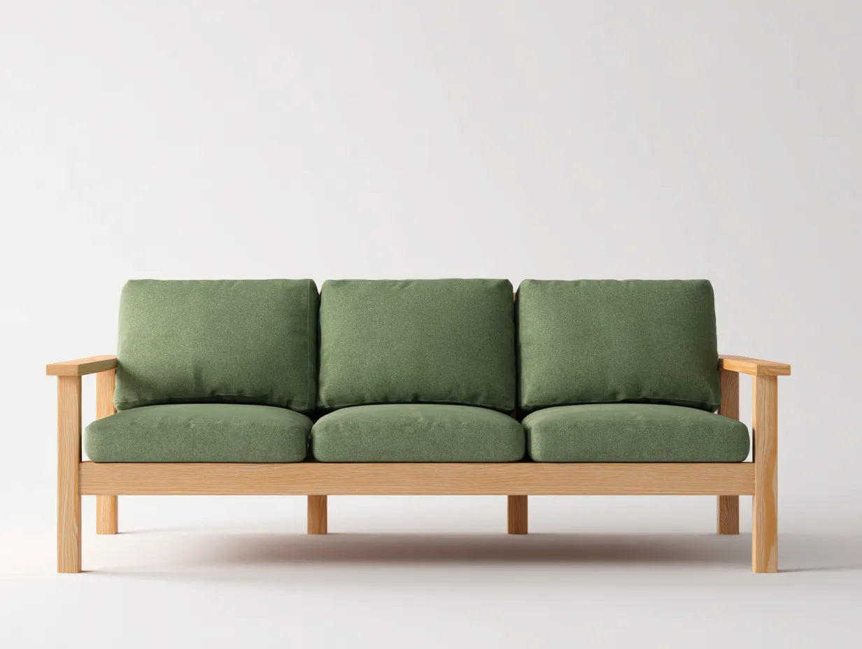 Sofá de 3 plazas tapizado 204×83×79 cm - verde salvia y madera natural - diseño abierto