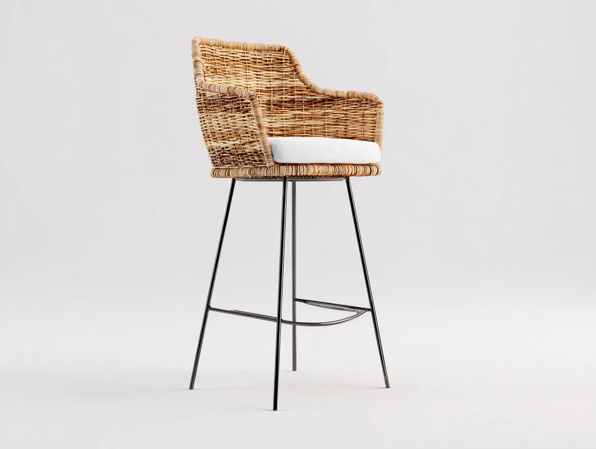 Taburete de bar para exteriores de ratán sintético y acero 56×58×109 cm - natural blanco y negro - respaldo envolvente para terraza