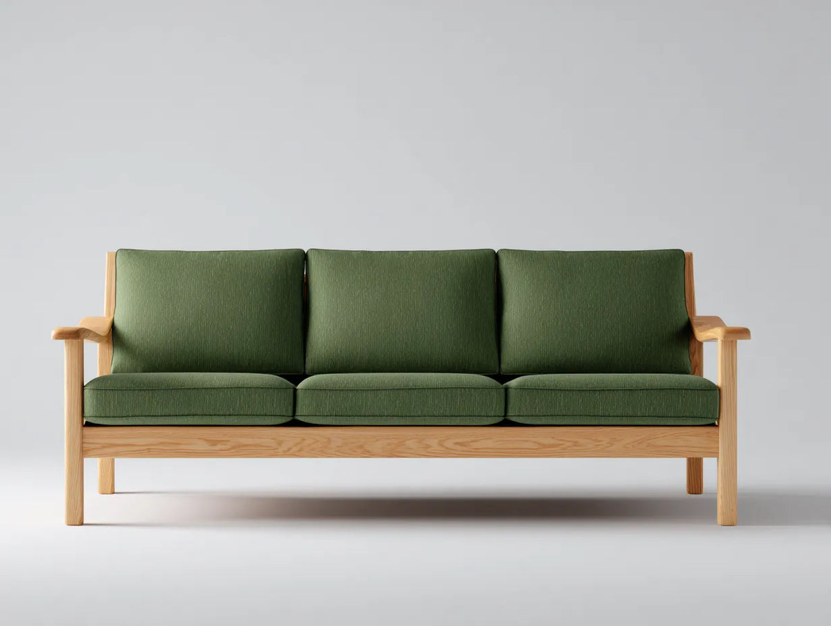 Sofá de 3 plazas de madera y tejido 216×87×80 cm - verde bosque y roble claro - reposabrazos curvos para salón