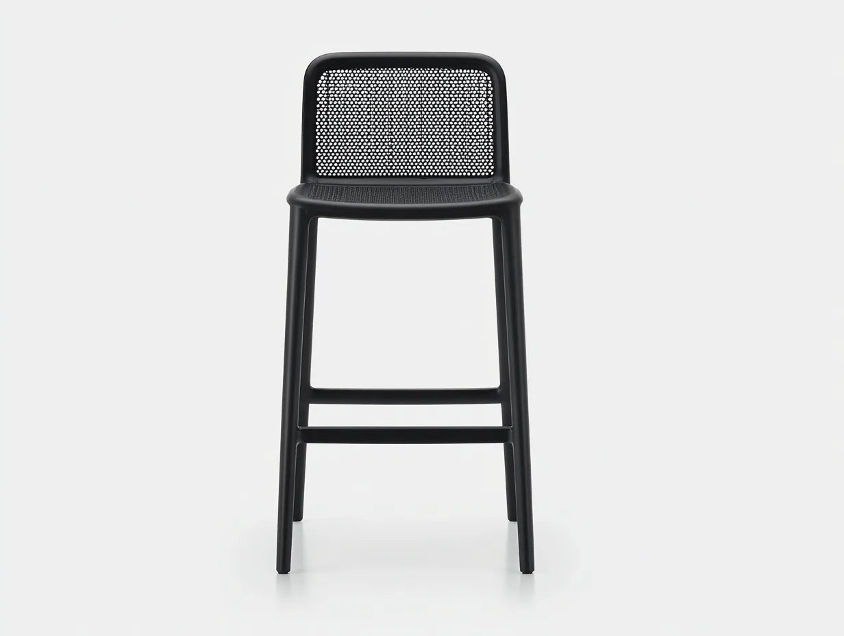 Taburete de bar para exteriores 47×50×103 cm - resina negra - respaldo de rejilla y diseño ligero